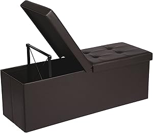 SONGMICS 43 Inches Folding Storage Ottoman Bench with Flipping Lid, Storage Chest Footrest Padded Seat with Iron Frame Support, Brown ULSF75BR