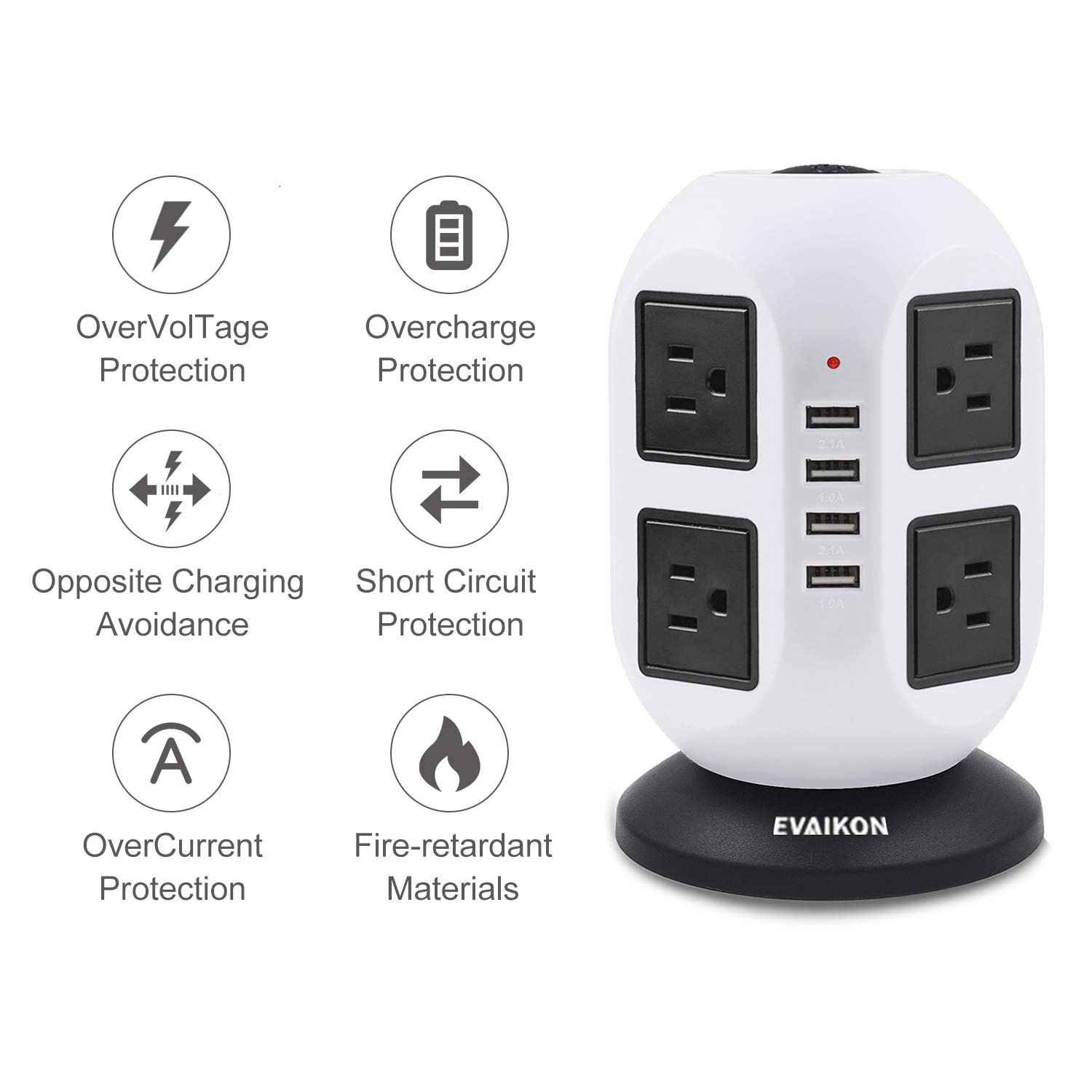 Power Strip Tower - EVAIKON Extension Cord with 8 Outlet 4 USB Ports 3000W/13A Surge Protector Electric Charging Station +6.5FT Wire Universal Socket for Home Office