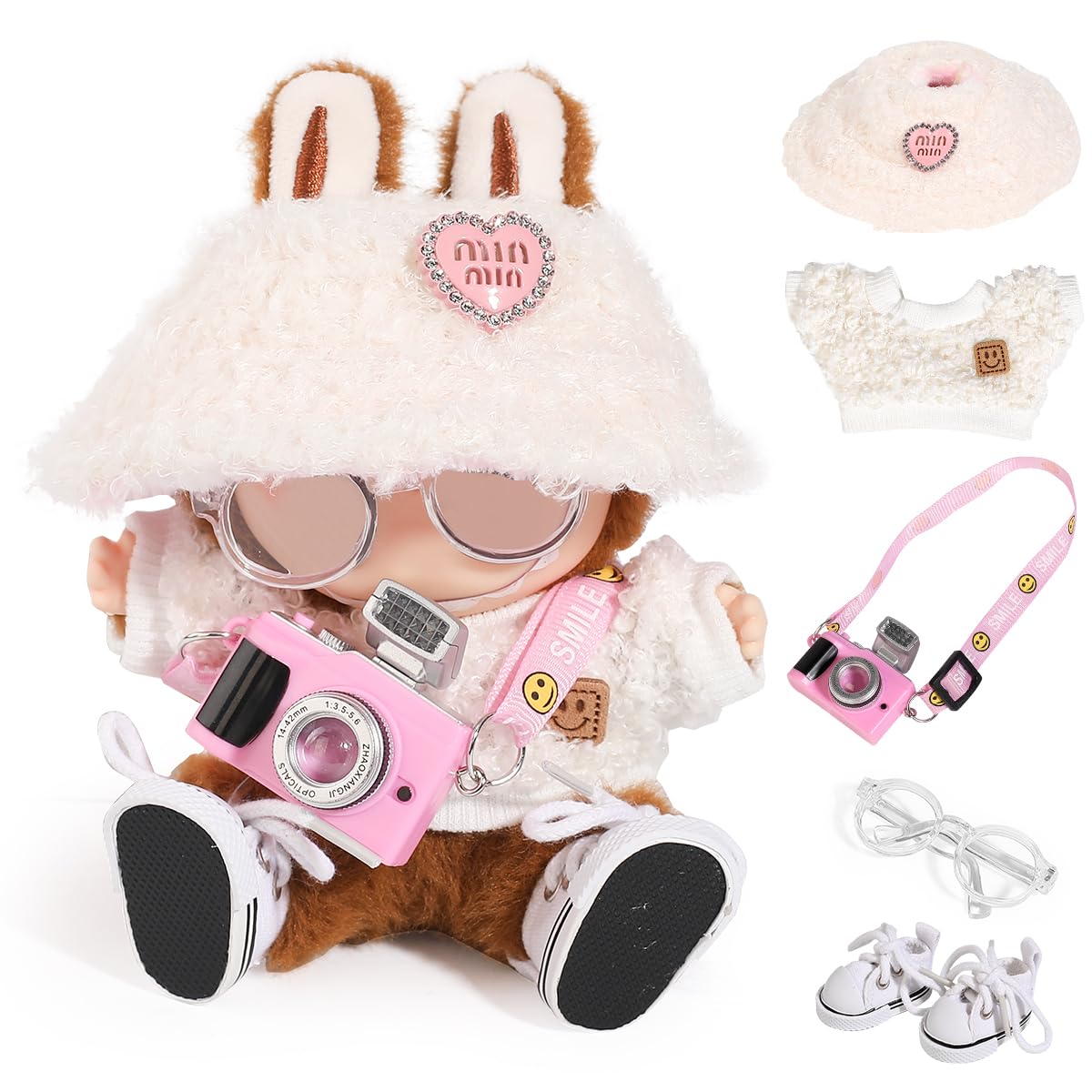 LEWOTE Clothes Set Compatible for Labubu Doll, Hat Suit Ornaments Accessories Set for 17cm/6.7inch Doll (Set 1 Pink Camear)