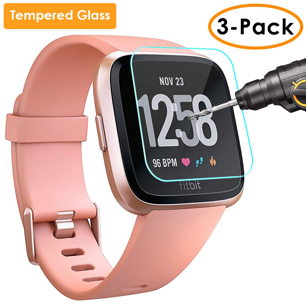 QIBOX Screen Protector Compatible Fitbit Versa, 3 Pack Waterproof Tempered Glass Screen Protector Compatible Fitbit Versa Smart Fitness Watch Tracker [Ultra Clear/Scratch Resistant/Anti-Bubble]