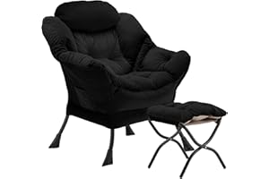 Youtanic Lazy Chair with Folding Ottoman, Accent Chair Velvet Upholstered with Metal Structure and Non-Slip Pads, Sofa Armchair with Footrest and Side Storage Bag for Dorm, Room, Office, Black