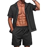 ZSJR Mens 2 Pieces Linen Set Short Sleeve Shirt and Shorts Resort Wear Summer Vacation Beach Yoga Matching Outfits