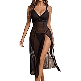 Avidlove Sexy Split Mesh Lace Floral Sheer Babydoll Lingerie Outfit Dress 2 Piece with Thong Set
