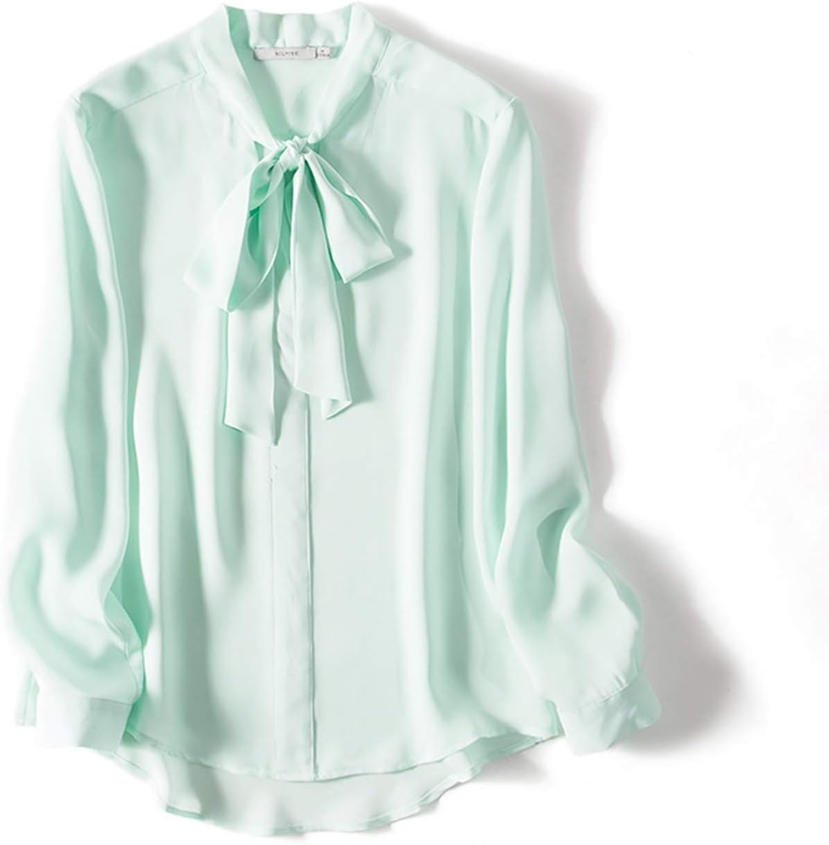 QYQCX Light Green Silk Shirt, Ladies' Delicate Bow Tie with Long-Sleeved Top, Casual Blouse