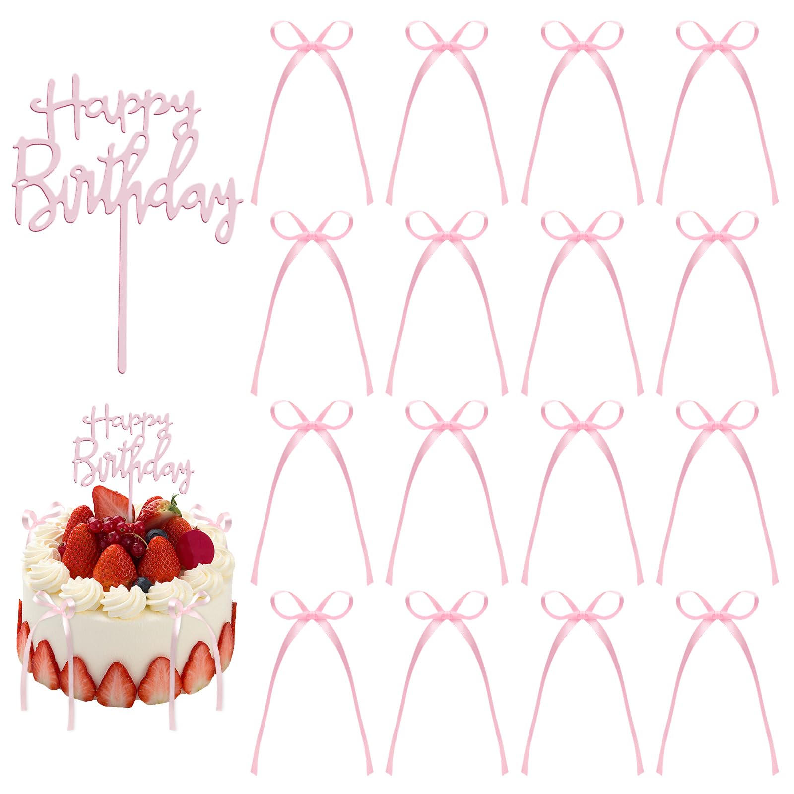 41 Pcs Pink Bows Cake Decorations with 1 Pcs Happy Birthday Cake Topper, Pink Bow Cupcake Toppers for Baby Shower Birthday Wedding Bachelorette Party Supplies