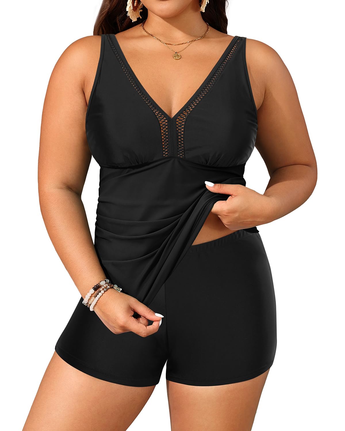 Photo 1 of Yonique Womens Plus Size Swimsuits with Shorts Tummy Control Tankini Two Piece Bathing Suits Athletic Swimwear Black-1 18Plus