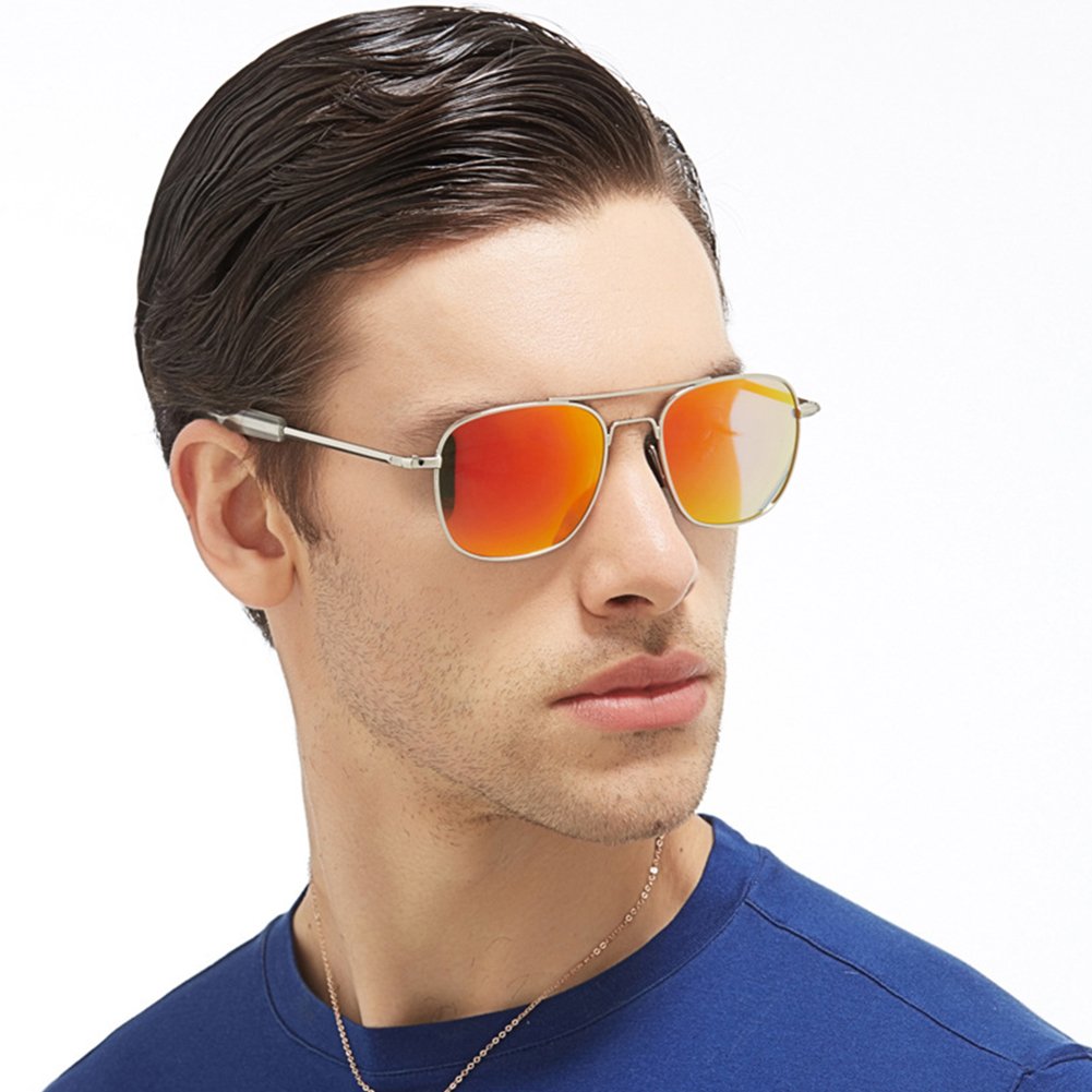 FAPIR Retro Polarized Aviator Sunglasses For Men UV Protection Mirrored Metal Military Pilot Glasses (Silver&Orange Red, 55)