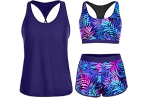 Yonique 3 Piece Athletic Tankini Swimsuits for Women with Shorts Swim Tank Tops with Sports Bra and Boyshorts Bathing Suits