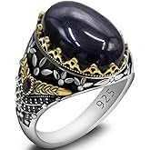 S925 Sterling Silver Agate Men's Ring Black Stone Jewelry Handmade Türkiye Vintage Ring Luxury Jewelry Band Size (11, black)