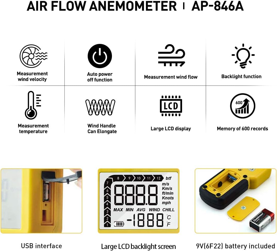 INFURIDER YF846A Digital Anemometer 0.345m/s Wind Speed Meter Guage