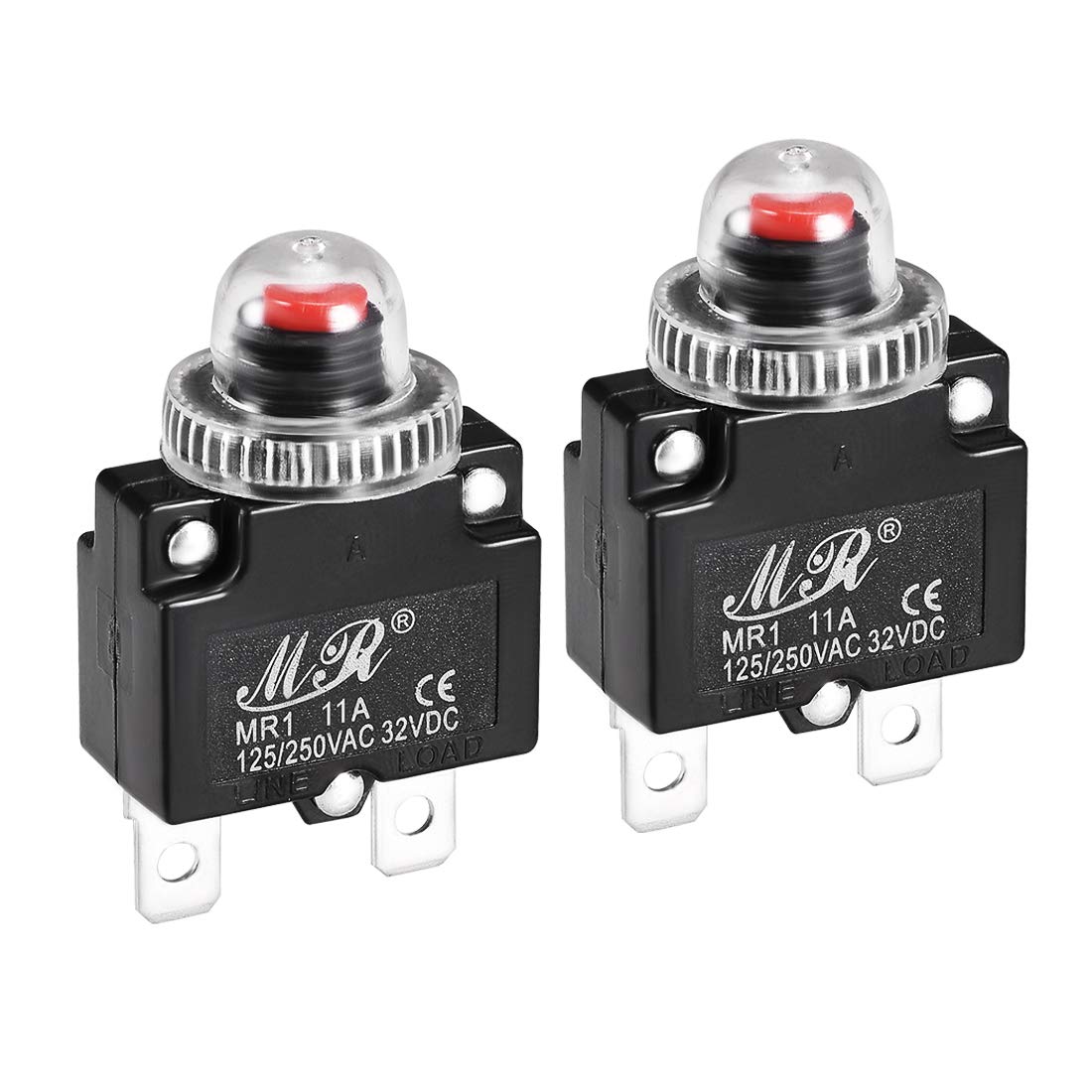 Sourcingmap Thermal Circuit Breakers 11A 125/250V AC 32V DC Push Button Reset Overload Protector Switch with Waterproof Cap 2 Pcs