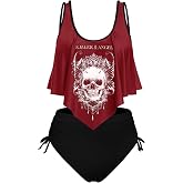 Rosegal Womens Plus Size Curve Gothic Skull Print Ruffled Overlay Tankini Swimwear Set
