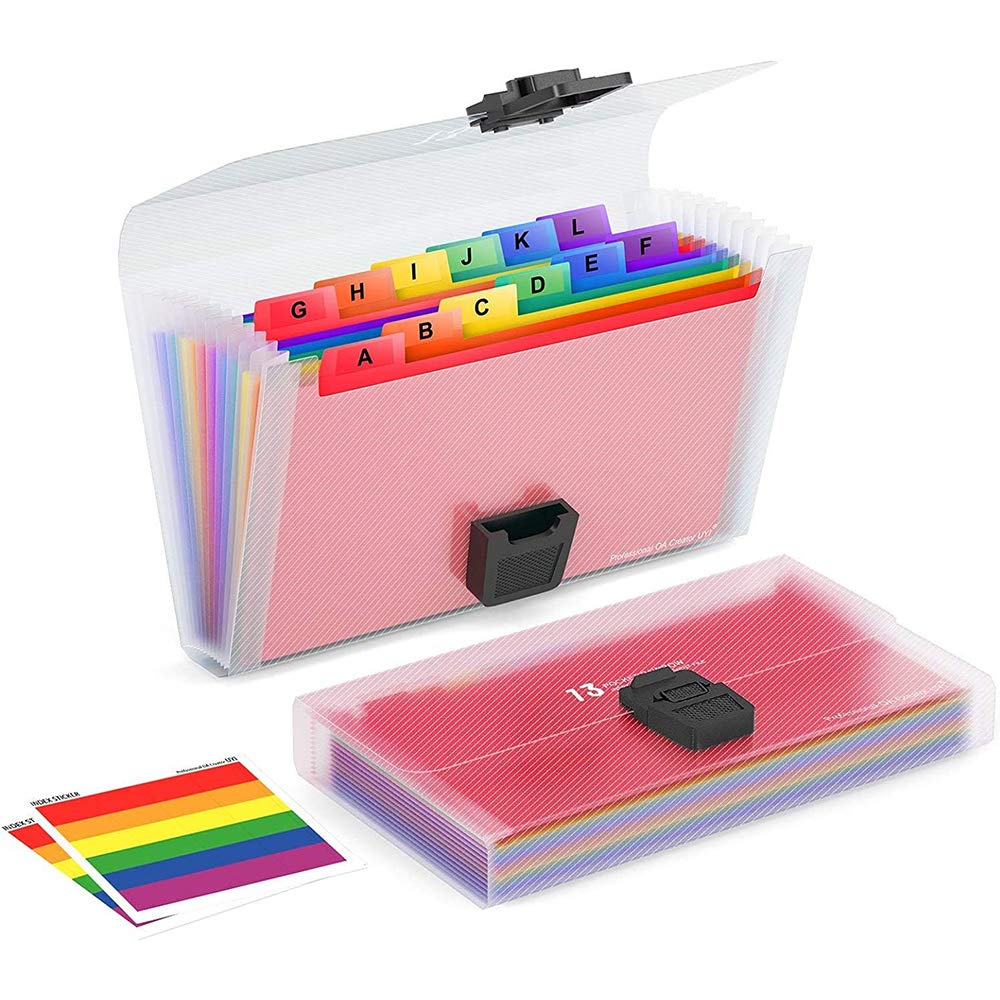 13 Pockets Rainbow A6 Mini Accordion Receipt Folder Index Plastic Document Organisers for Bills Cards Coupons Expanding Portable File Folder with Colored Labels 2 Packs