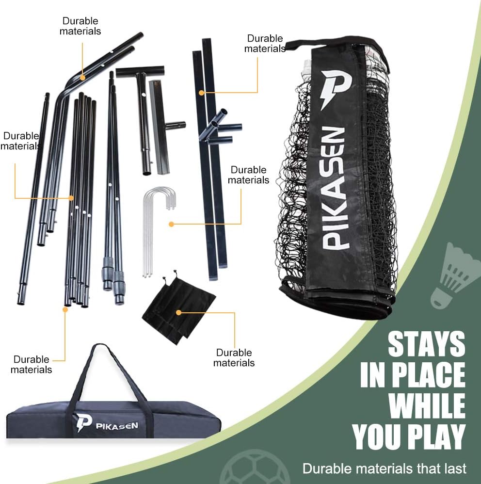 PIKASEN Portable Badminton Net Set - for Tennis, Soccer Tennis, Pickleball, Kids Volleyball - Easy Setup Nylon Sports Net with Poles : Sports & Outdoors