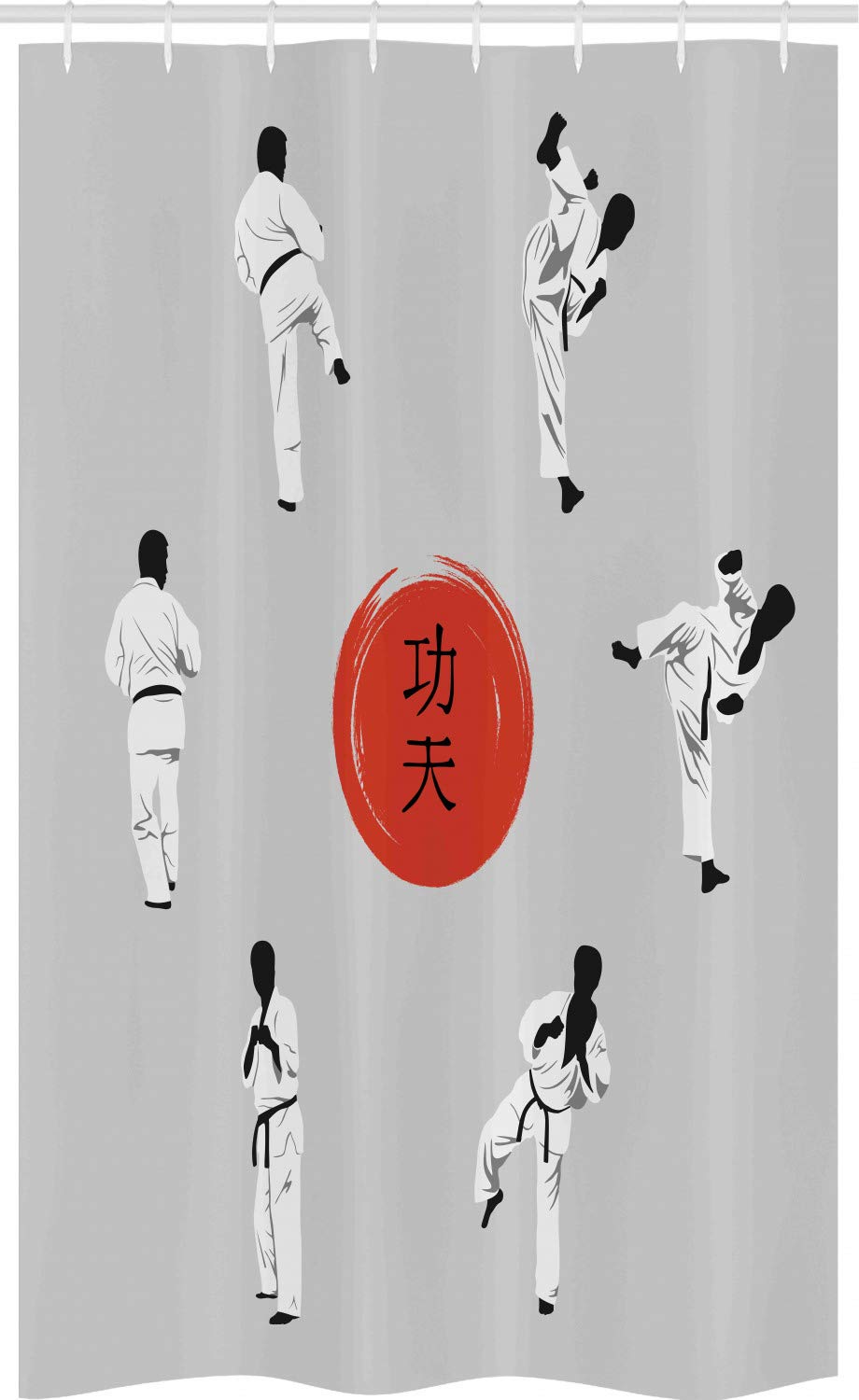 ABAKUHAUS Kung Fu Stall Shower Curtain, Men in Karate Clothes Showing Moves with Hieroglyph Center, Fabric Bathroom Decor Set with Hooks, 120 x 180 cm, Pale Grey Vermilion