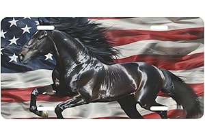 CFPOLAR Black Horse Running with American Flag License Plate, Decorative Car Front License Plate, Aluminum Novelty License Plates Vanity Tag Metal Car Plate for Women Men 6 X 12 Inch