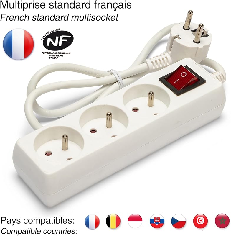 Multipresa francese 3x16A, con interuttore, cavo lungo 1m, H05VV-F3G1.0MM2, CE, NF