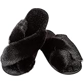 LZSYC Women's Fuzzy Cross Band Slippers Indoor Outdoor Soft Open Toe House Slippers