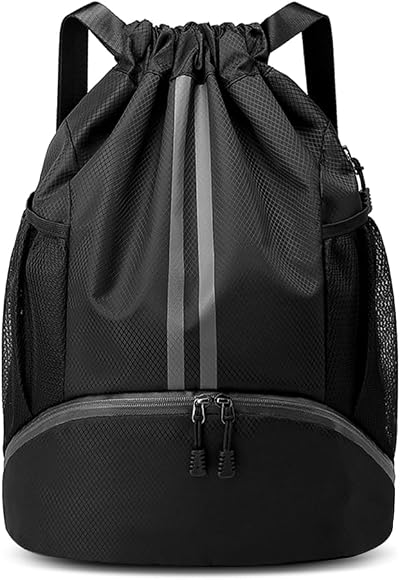 GAOHUI Waterproof Drawstring Bag with Shoe Compartment Black Gym Travel Sports