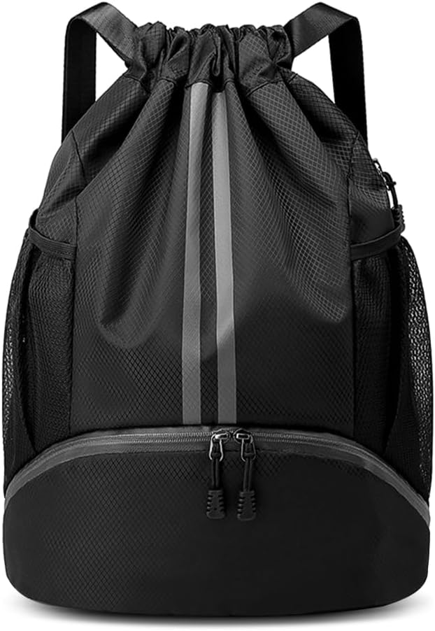 GAOHUI Waterproof Drawstring Bag with Shoe Compartment Black Gym Travel Sports