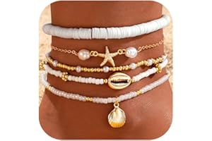 SHALL SHELL Boho Shell Ankle Bracelet Set for Women, 5 Pairs 14K Boho Bead Handmade Adjustable Anklet, Hawaiian Beach Seashell Starfish Foot Jewelry Gifts