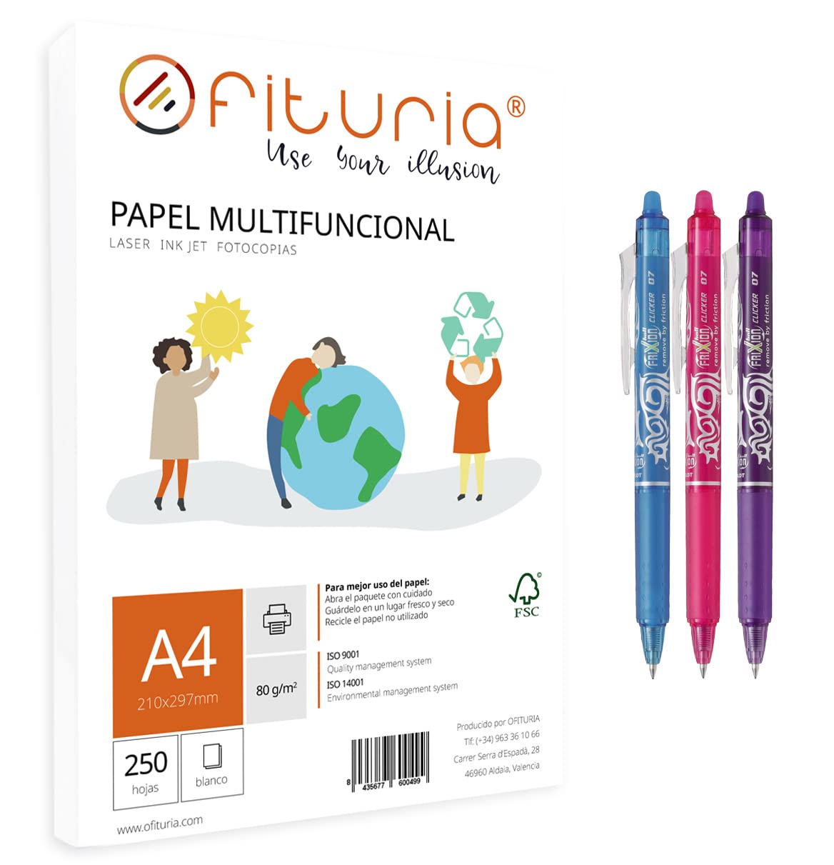 Pack of 80 g A4 Sheets with 250 White Sheets, Multifunctional Paper for School and Work Environments. Ideal with Laser or Injection Printers + 3 Pilot Frixion (Blue/Red/Green) – Ophythuria