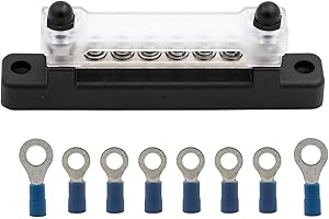 QUALITECH 6 Terminal Bus Bar Kit - 150A Bus Bar Block with Cover & Heat Shrink Terminals; Ground Distribution, Power Distribution Terminal Block for Automotive and Marine