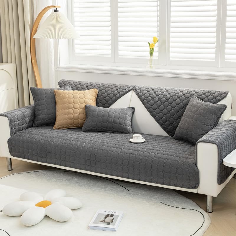 Topchances Soft Corduroy Sofa Cover - New Non-Slip Sofa Covers 1 2 3 Seater, Couch Covers for Sectional Sofa, Comfy Couch Cover, Sofa Cover L Shape Furniture Protector for Living Room (Dark Grey)