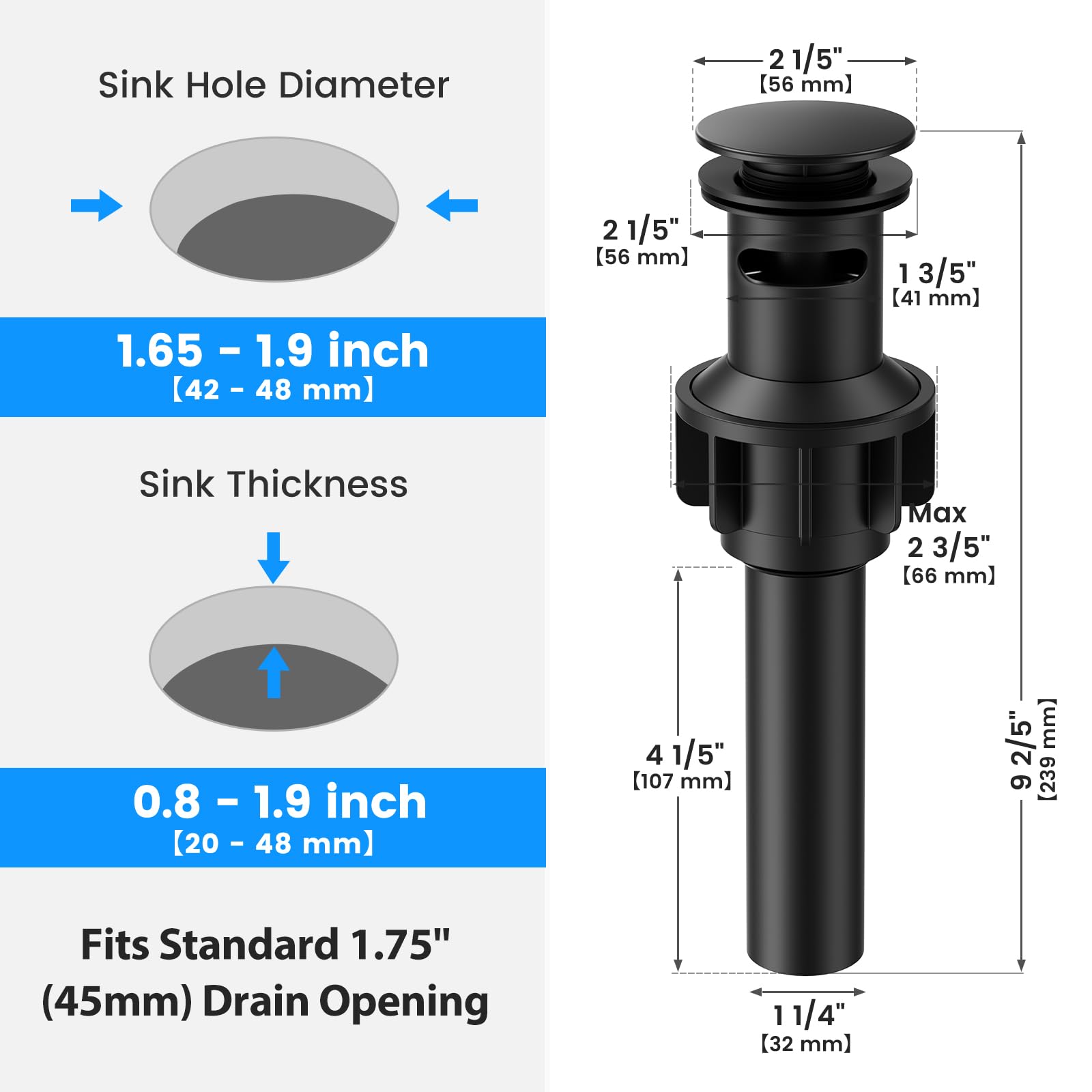 Bathroom Sink Drain with Overflow, Hurran Matte Black Bathroom Sink Stopper for Bathroom Vanity Vessel Sink, Rapid Draining Plastic Pop-up Sink Drain with Hair Catcher Anti-Clog Strainer
