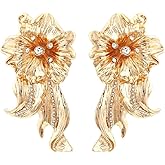 Golden Flower Earrings for Women, Plant Flower Tassel Earrings for Womens, Gold Floral Statement Dangle Earring Hypoallergenic, Floral Petal Drop Earring