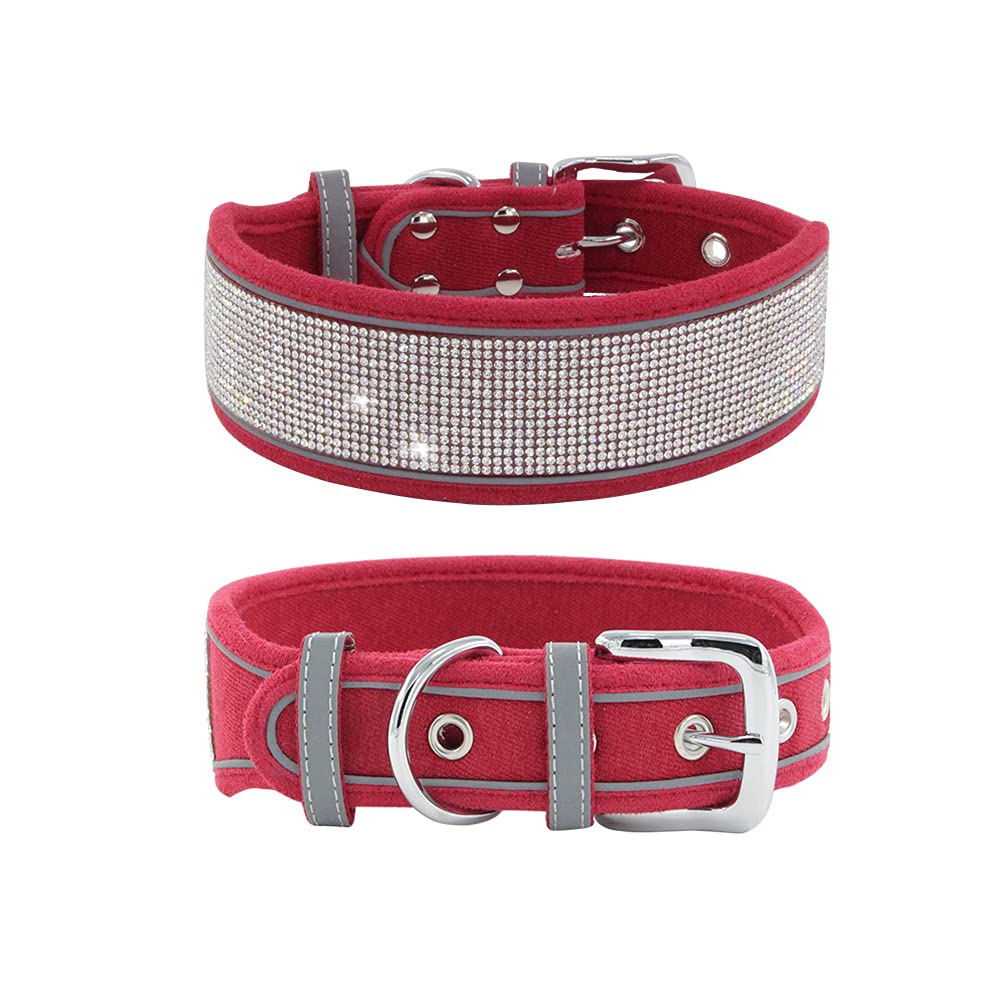 haoyueer Rhinestone Dog Collar, Dazzling Sparkling Soft Suede Reflective Large Dog Collar Crystal Diamond Collar for Medium & Large Dogs (S:12-15", Red)