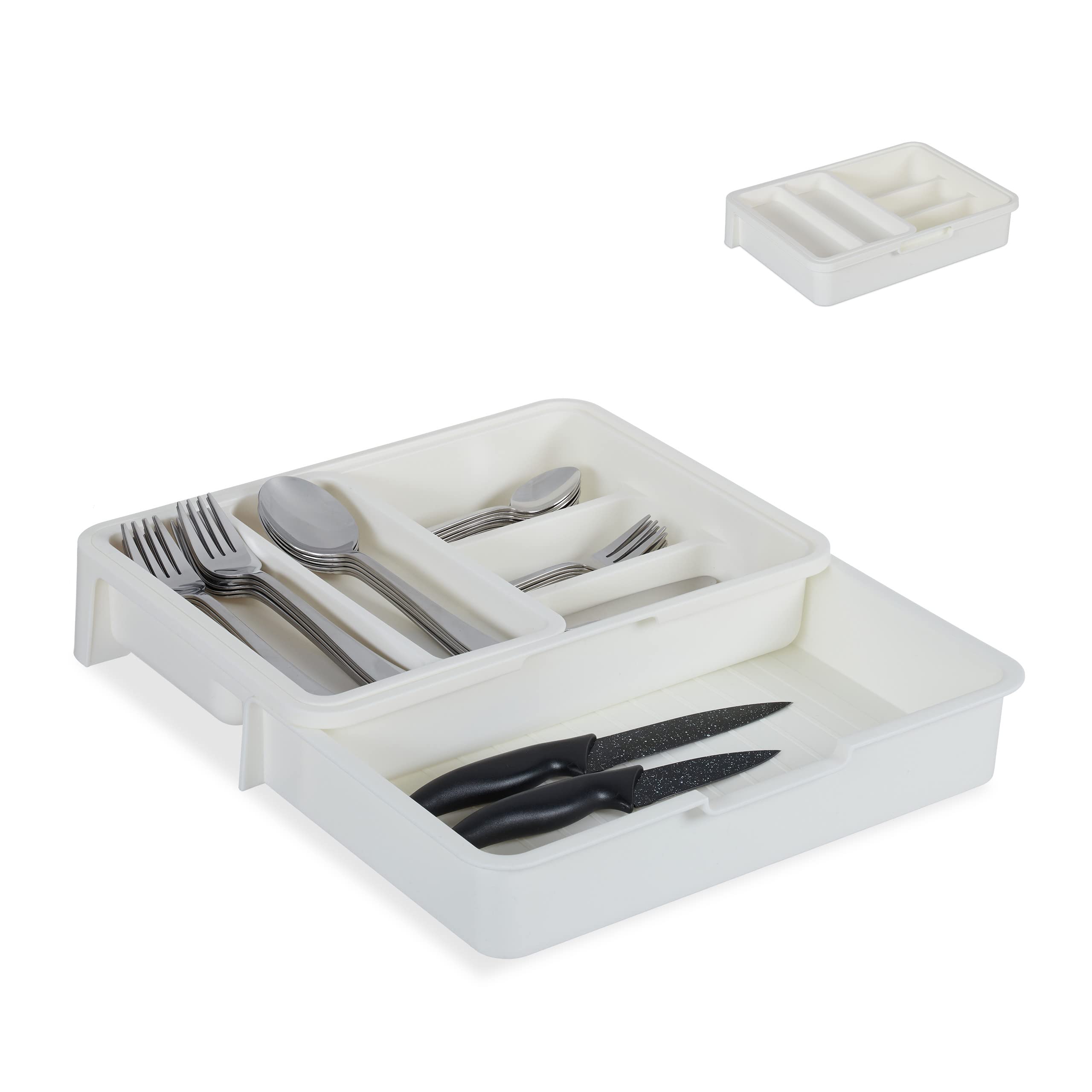 Relaxdays Cutlery Tray, Extendable, 7 Compartments for Silverware & Kitchen Utensils, HWD 6x23.5x31.5 cm, White