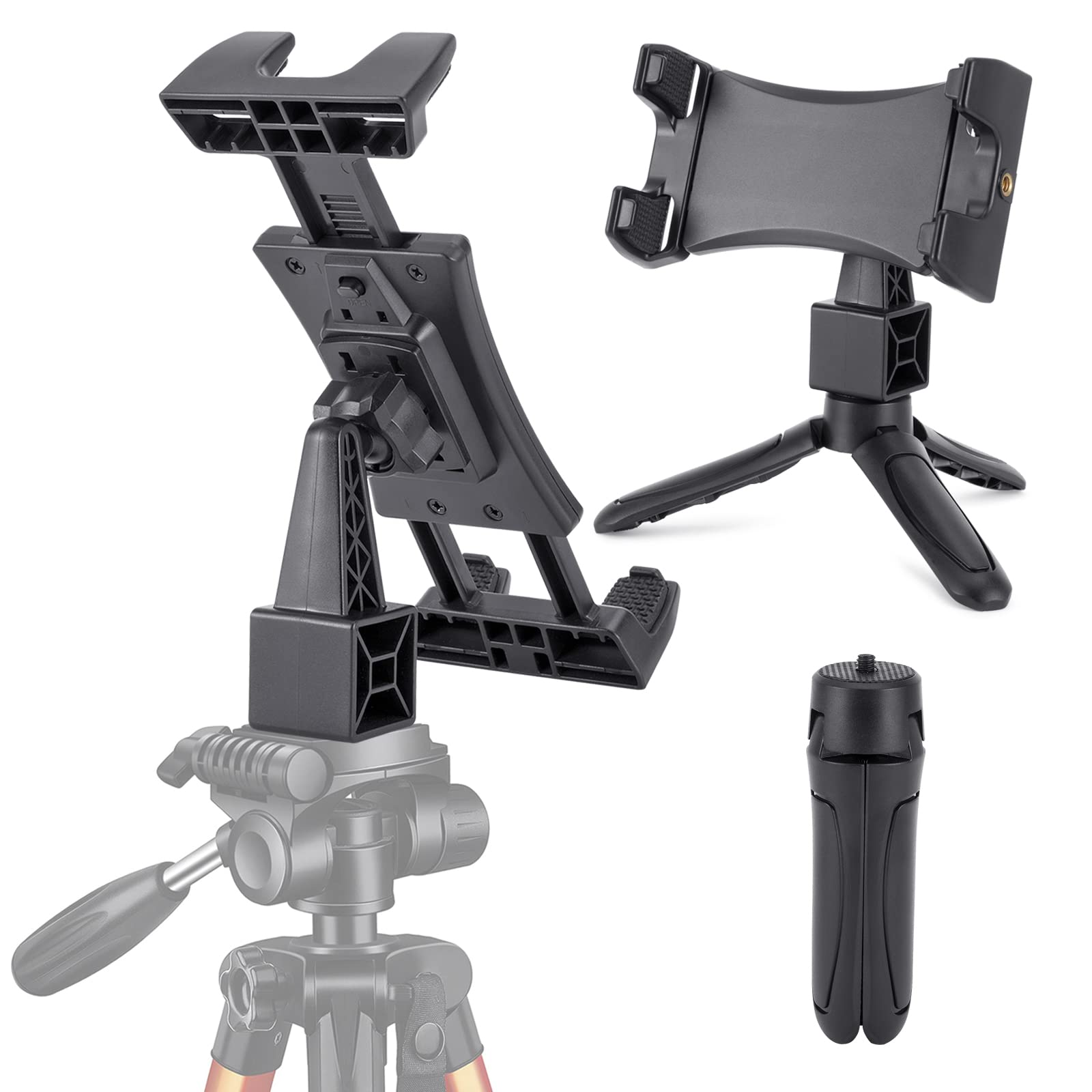 NUOMIC Tablet Mount Adapter with Mini Tripod, Universal iPad Tripod Holder Mount for Camera Tripod and Monopod, Compatible with iPad Mini Air Pro 4.7-12.9 inch