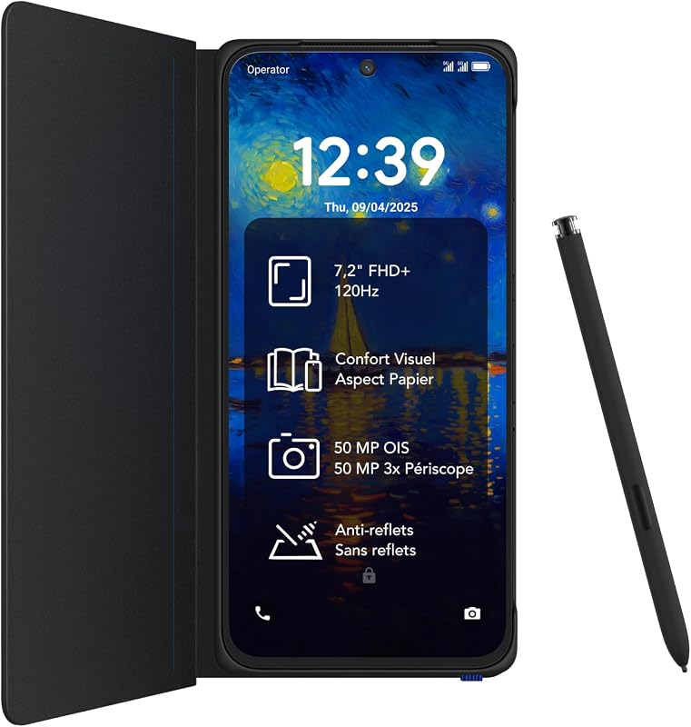 Smartphone Android NXTPAPER 60 Ultra 5G, écran FHD+ 7,2 Pouces, 12 Go de RAM + 512 Go de ROM, téléphone respectueux des Yeux, Couleur Noir nébuleuse,avec Coque à Rabat et Stylet