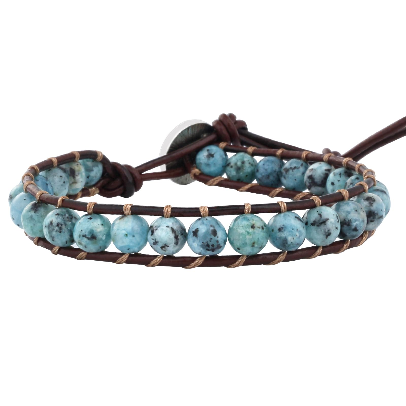 KELITCH Turquoise Crystal Mix Beaded Single Wrap Bracelet on Brown Leather Handwoven New Jewelry (Green 01)