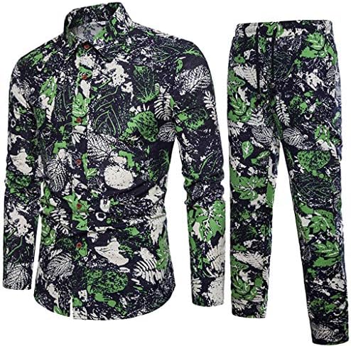 Nevera Men 2 Piece Suit Lapel Floral Print Button Slim Fit Shirt Pants Suit Black