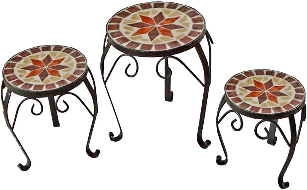 Harms Set of 3 Mosaic Flowers Stool Table Shelf Metal Steel Black Painted 504890