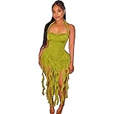 Caviotess Women’s Sexy Halter Fringe Ruffle Hem Mini Dress Backless Bodycon Short Dress Frills Tassel Party Club Dress