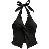 QJQ Women's Halter Tops Twist Front Slit Backless Cute Summer V Neck Tank Top Vacation Outfits