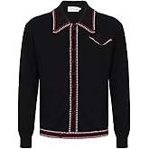 OXKNIT Men's Knit Polo Shirts Full Zip 1960s Style Retro Long Sleeve Cotton Black Cardigan Sweater with Pocket