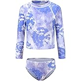 Girls Long Sleeve Rash Guard Swimsuits Set Tie Dye Bathing Suit for Kids Girls Hawaiian Swimwear Set Two Piece 3-16 Years