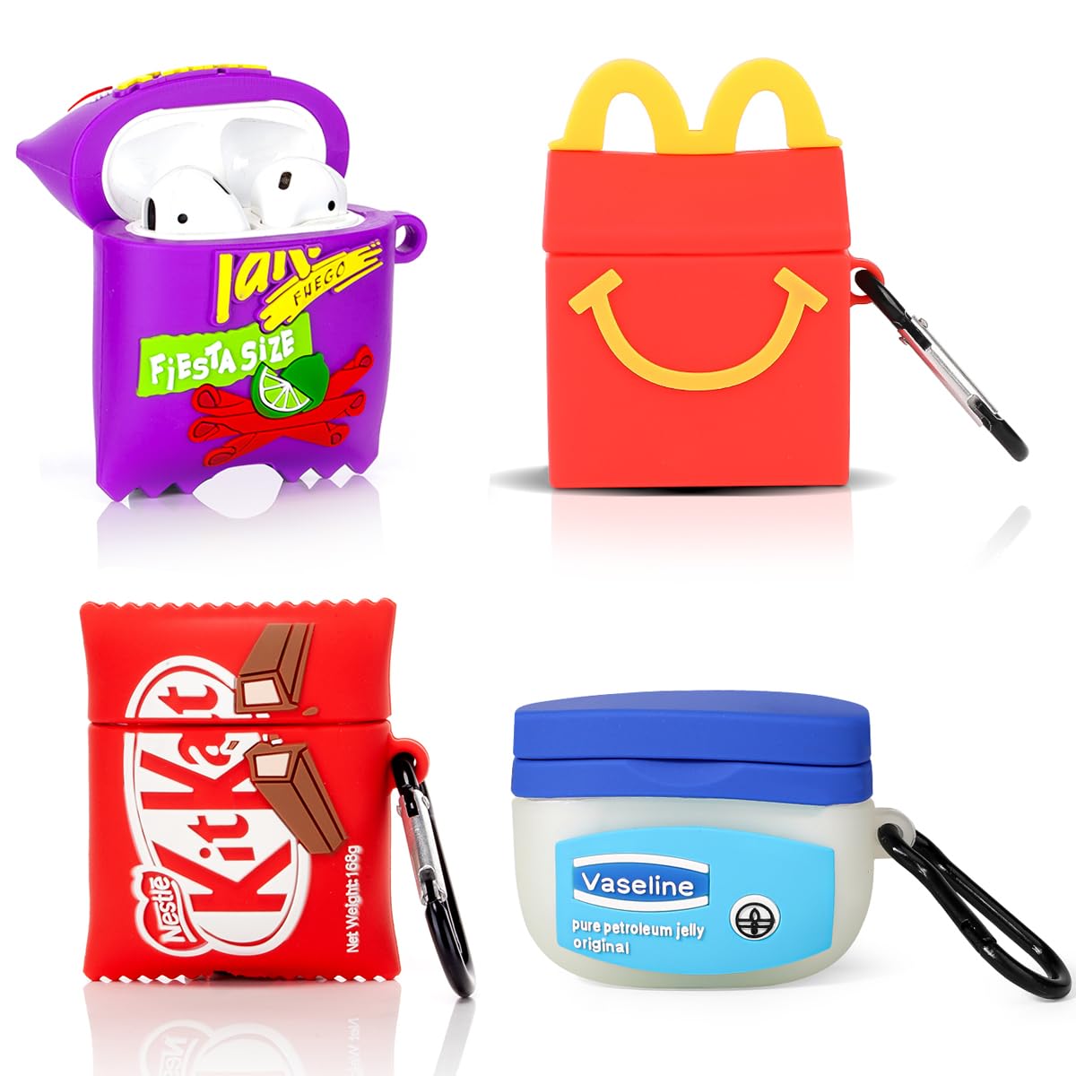 (4Pack) Case for AirPods 2nd/1st Generation(2019/2016) Earbuds, XMBYGY Silicone Case Protective Cover with Cute Cartoon Skin Design for AirPods 1/2, with Carabiner (TAK+Vasl+Kitakt+M)