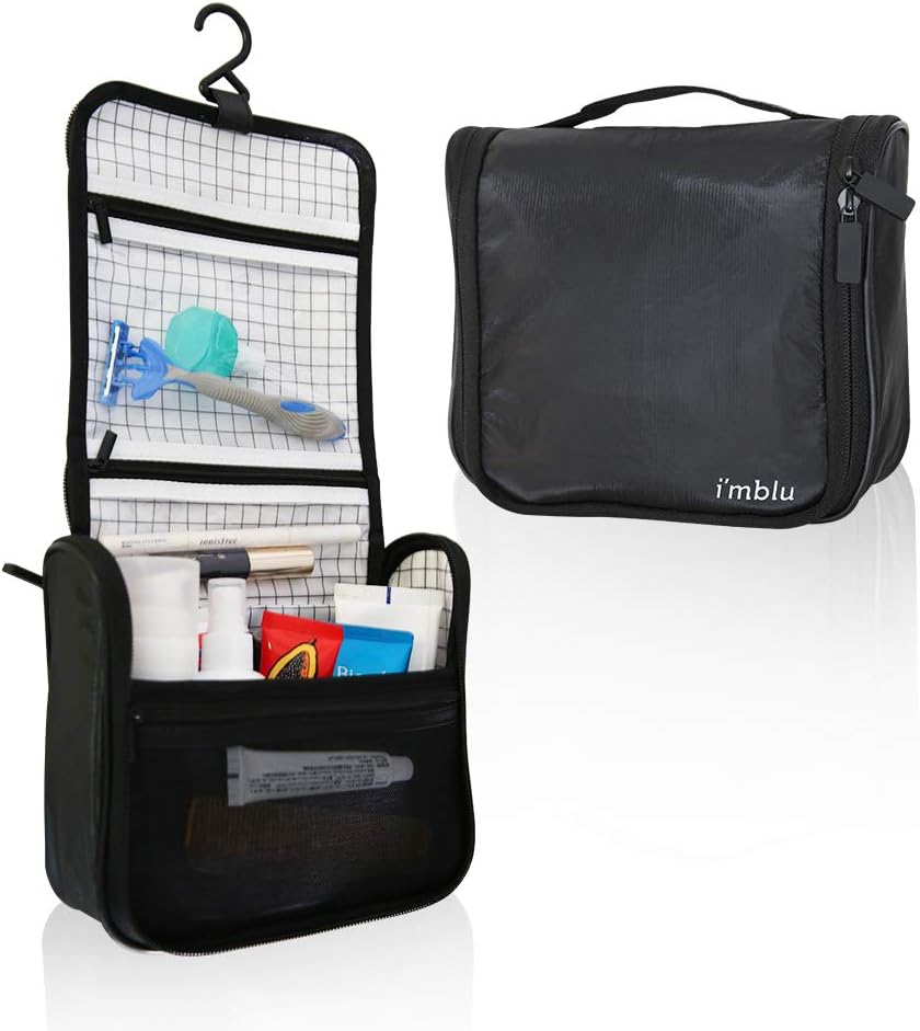 Travel Hanging Toiletry Bag for Women & Men - Stylish Small Black Cosmetics, Makeup and Toiletries Organizer Kit with Water Resistant Dupont Tyvek,Plastic Sturdy Hook, Durable Zippers