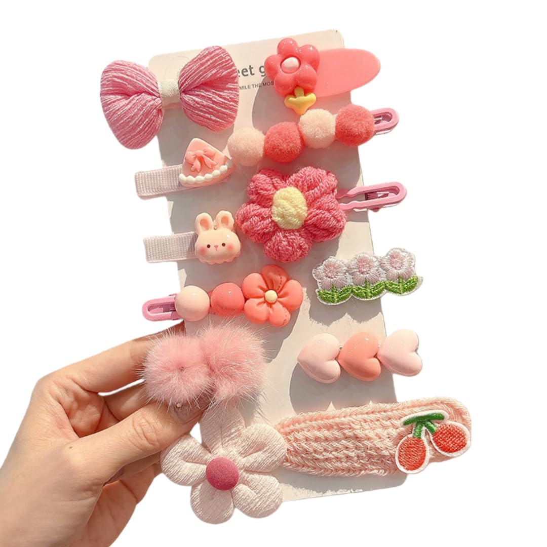 Photo 1 of (12 Pcs) Super Cute Lovely Warm Autumn Winter Spring Theme Kid's Hairpin Flower Floral Bear Bowknot Hair Clips Hair Decoration Women Girls Salon Hairstyle Hairdressing Grip -Pink