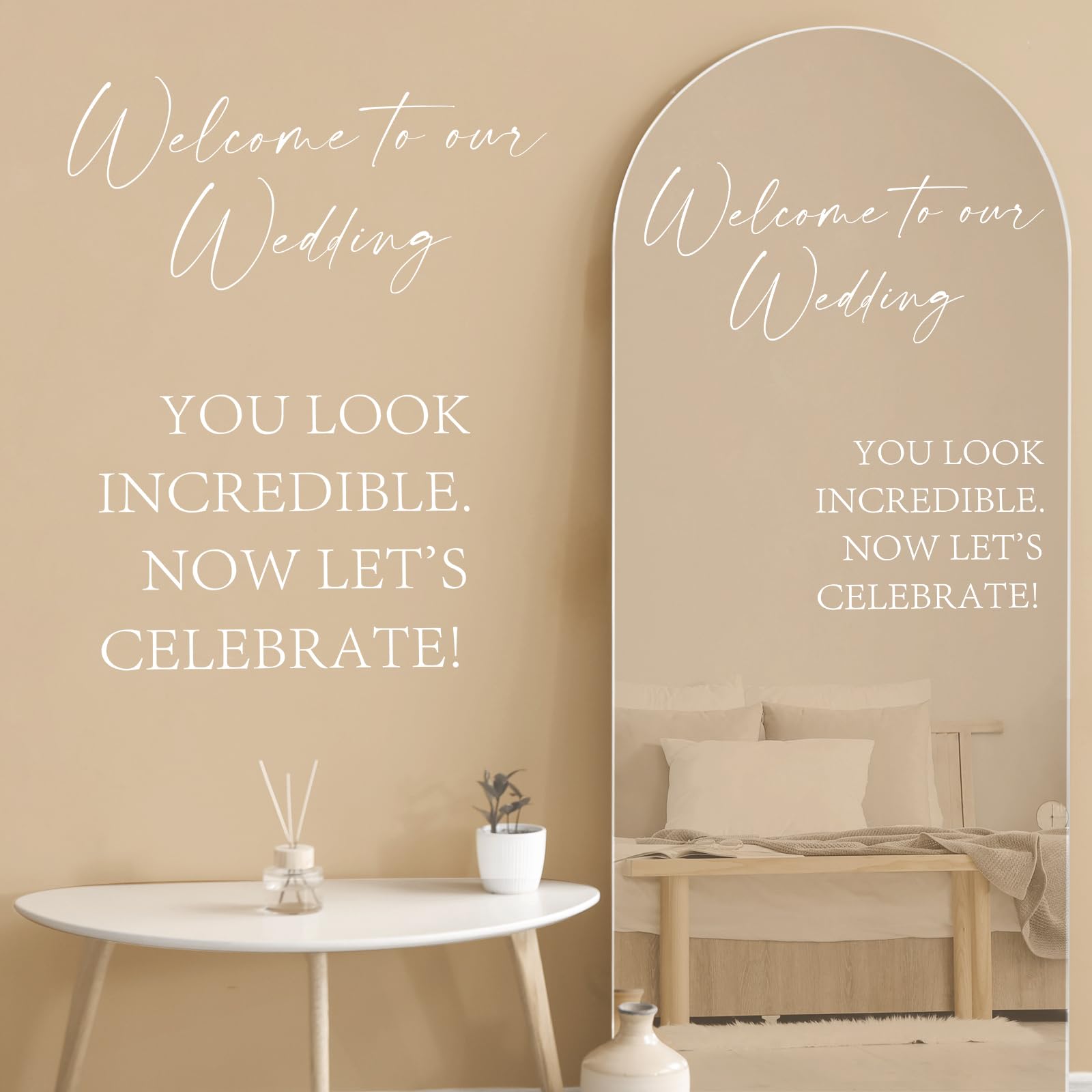 Photo 1 of Watersay 2 Pcs Welcome to Our Wedding Mirror Decal Vinyl Lettering Decal Sticker Removable Letters Wedding Decals for Mirrors Glass Window Sign Marriage Decoration(White)
