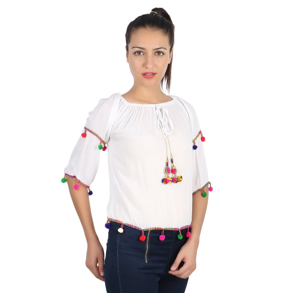 papsara white rayon pom pom top
