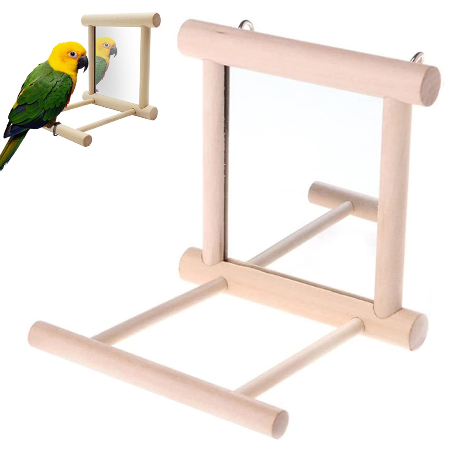 Bird Mirror, Bird Parrot Toys, Bird Swing Hanging Toy, Parrot Hanging Swing with Mirror, Bird Mirror with Wooden Frame for Parakeets Conures Cockatiels Macaw Cage, Natural Wooden Mirror Bird Toy