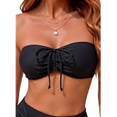 Tempt Me Women Strapless Bandeau Bikini Top Swim Bra | Non-slip, Built-in Soft Cups for Support, Adjustable Drawstring Front Tie with Bowknot, Halter Convertible Style
