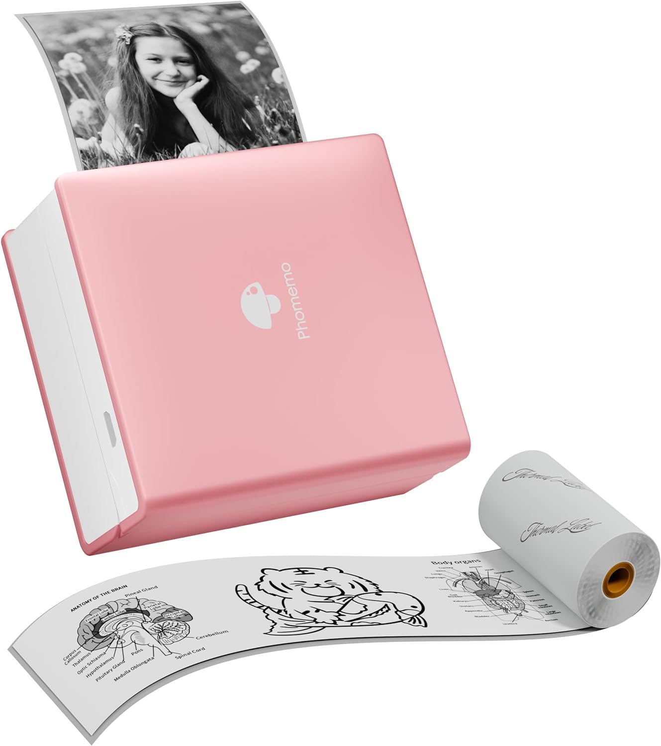 PlayGround® Mini Printer M02 203dpi with Bluetooth and 1 Roll of Labels - Portable Thermal Printer for Smartphone - Ideal for Studies, Notes, Images, Photos and Journals (Bubblegum Pink)