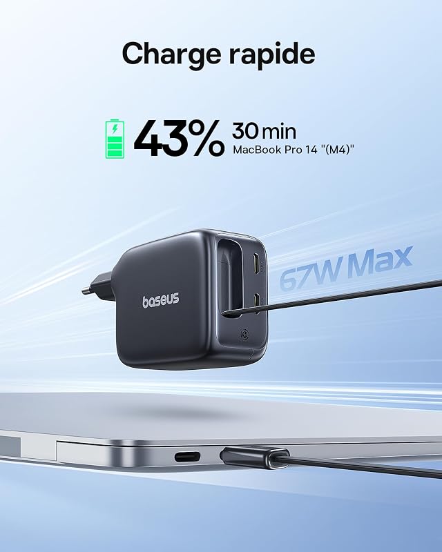 Enercore Chargeur USB C 67W avec Câble Rétractable, Chargeur GaN Compact avec 2 Ports USB-C, Compatible iPhone 17/16/15/14, Galaxy S25/24/23/22, MacBook Pro/Air, Dell, HP, iPad